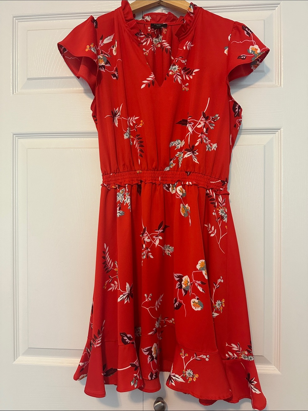 Ann Taylor Red Floral Ruffle-Trim Fit & Flare Dress
